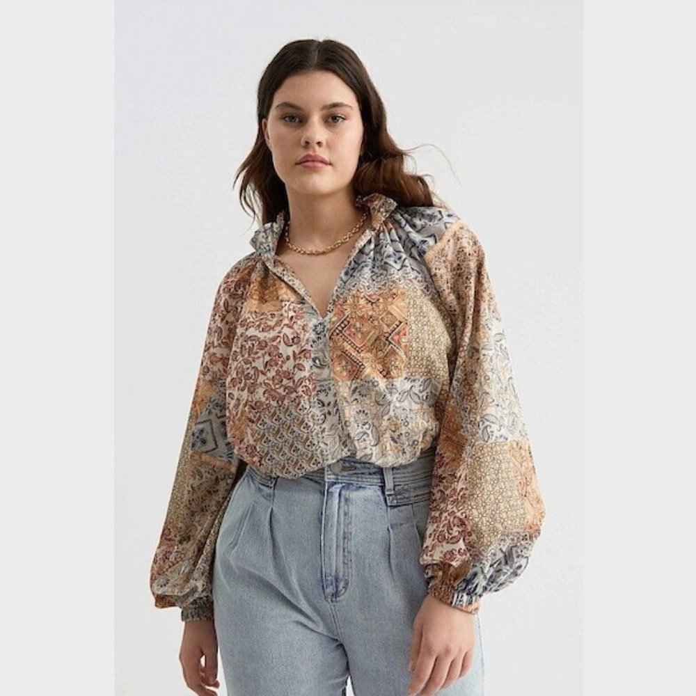 Witchery Santorini Print Raglan Blouse Top Size 14 Balloon Sleeve Cotton Boho - Picture 5 of 16